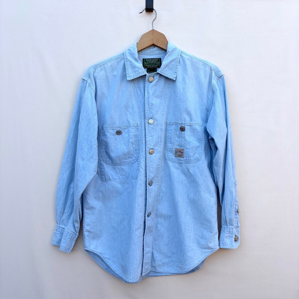 Ralph Lauren Country Mens Vintage S Blue Chambray Work Shirt Cotton Button Up - Picture 2 of 8